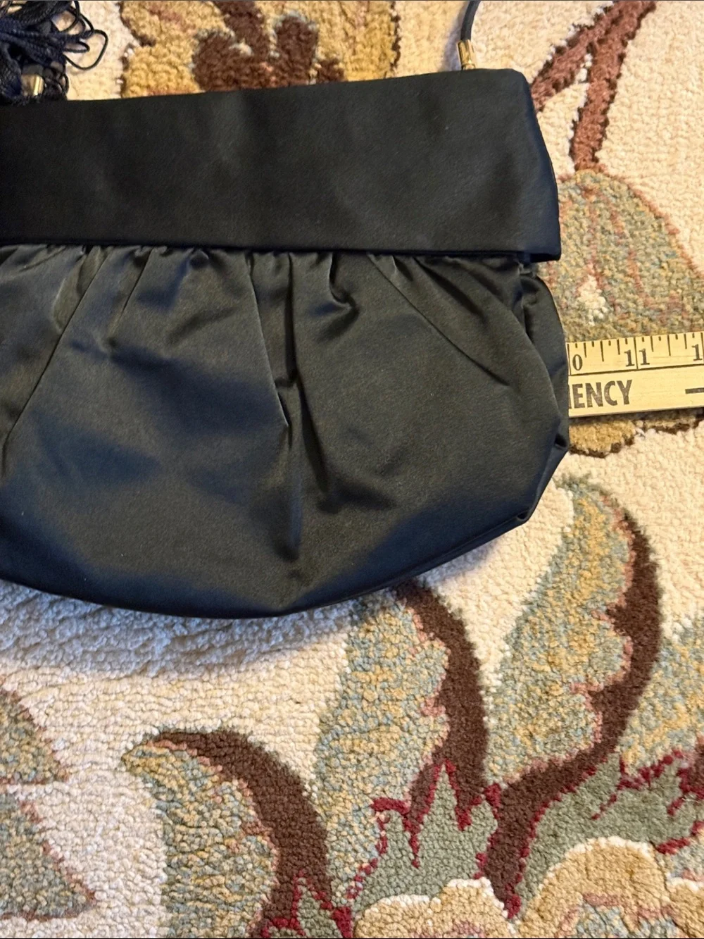 Black Satin Shoulder Clutch with Tassel Accent